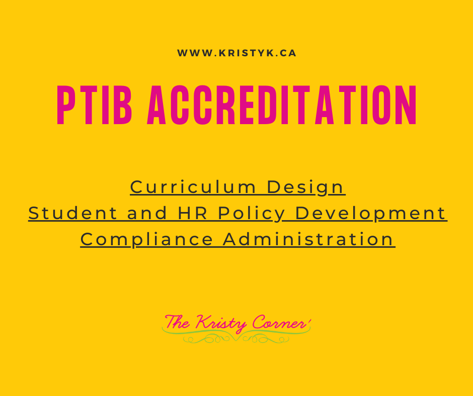 Against a yellow background is The Kristy Corner logo and the black heading PTI Accreditation. Below the heading, also in black are three lines, Curriculum Design, Student and HR Policies and Accreditation Compliance.