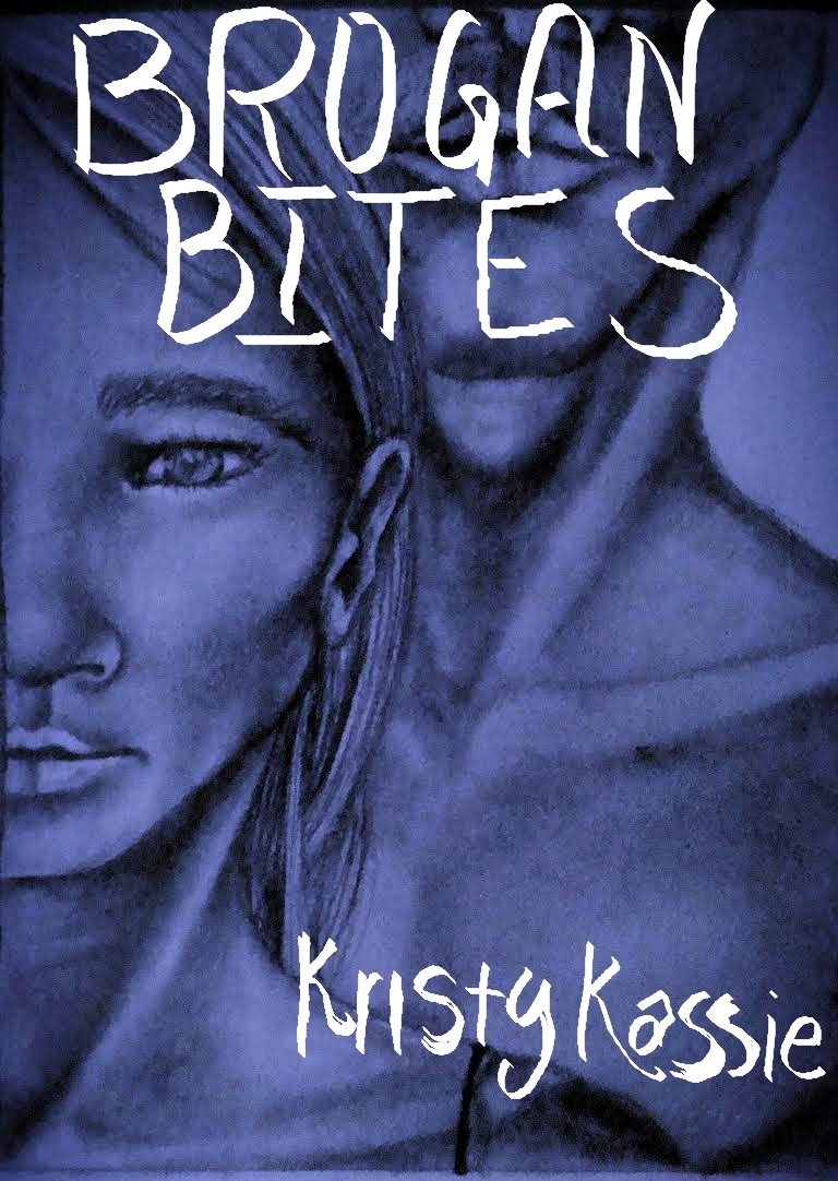 A black and white drawing of a man and a woman embracing is between the book title Brogan Bites and the author name Kristy Kassie which is printed in white letters.