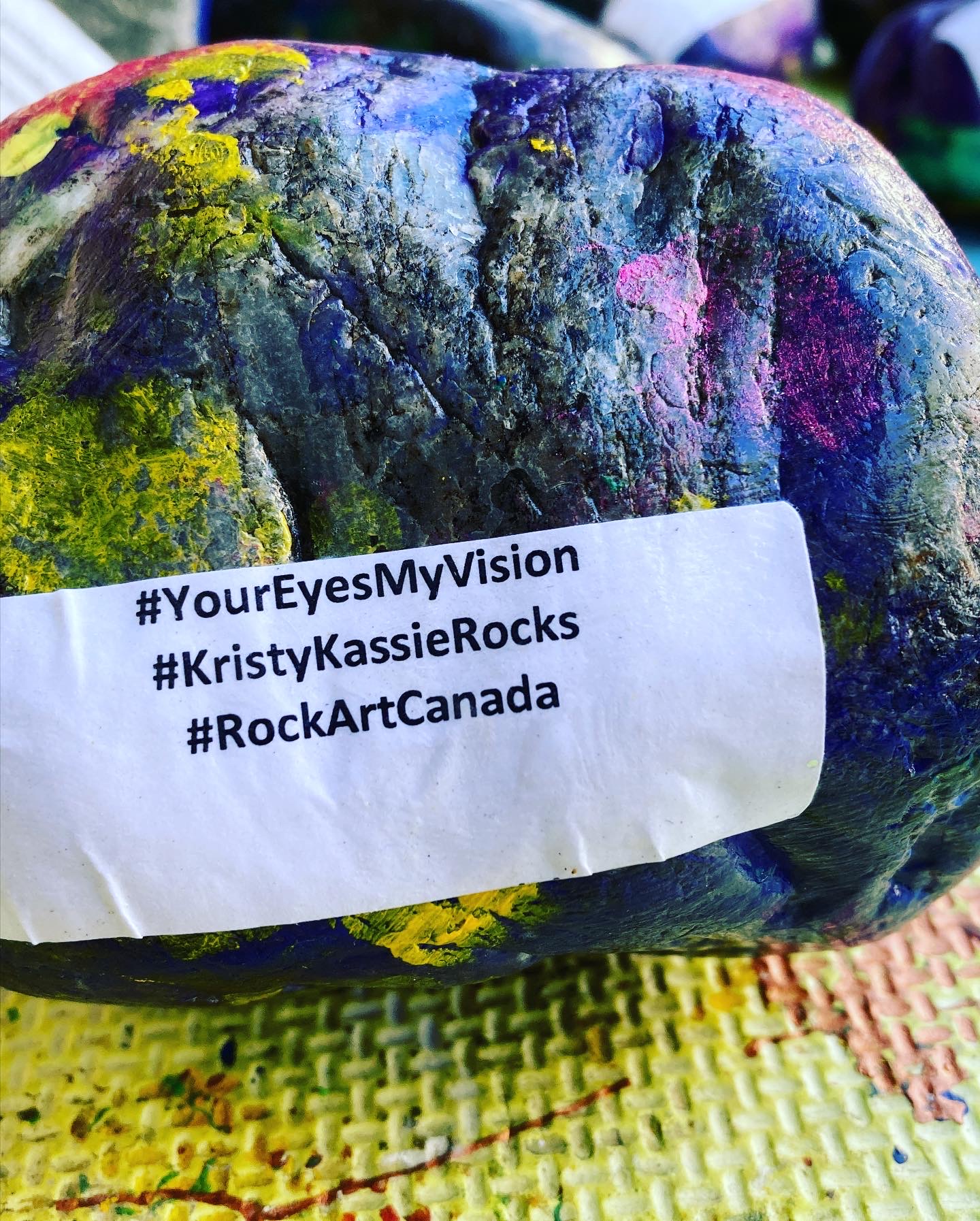 About 30 rocks are labelled with the hashtags Your Eyes My Vision, Kristy Kassie Rocks and Sunflowers for Ukraine.